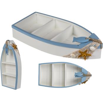 Preview: Deko-Boot aus Holz mit maritimer Deko - Mini-Regal für Wohnzimmer & Bad - Blau-Weiss-Beige - 42x20cm - Mit Seestern Muscheln & Netz