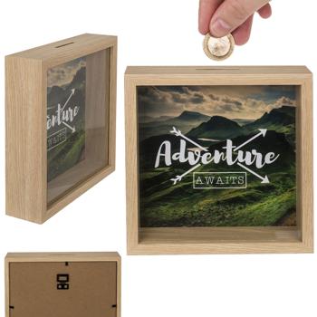 Preview: Reise-Spardose ’Adventure awaits’ aus Holz - Spardose für Geldgeschenk zu Hochzeit Geburtstag Abitur Weltreise - Modernes Design aus MDF/Kunststoff