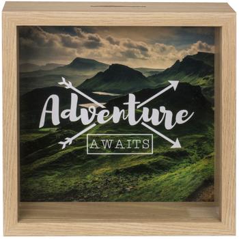 Reise-Spardose ’Adventure awaits’ aus Holz - Spardose für Geldgeschenk zu Hochzeit Geburtstag Abitur Weltreise - Modernes Design aus MDF/Kunststoff