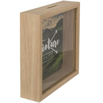 Preview: Reise-Spardose ’Adventure awaits’ aus Holz - Spardose für Geldgeschenk zu Hochzeit Geburtstag Abitur Weltreise - Modernes Design aus MDF/Kunststoff