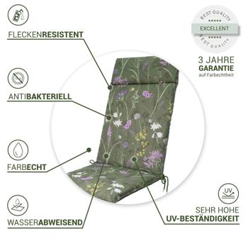 Preview: Luxuriöse Hochlehner-Auflage, Gartenstuhlkissen wasserabweisend, Blumenmuster grün, 120 x 50 cm, weich & komfortabel für optimale Entspannung