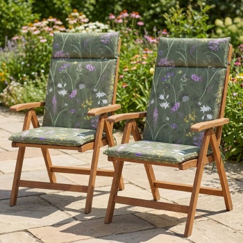 Preview: 2er-Set Luxuriöse Hochlehner-Auflage, Gartenstuhlkissen wasserabweisend, Blumenmuster grün, 120 x 50 cm, weich & komfortabel für optimale Entspannung