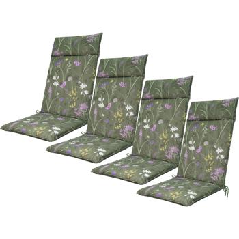 4er-Set Luxuriöse Hochlehner-Auflage, Gartenstuhlkissen wasserabweisend, Blumenmuster grün, 120 x 50 cm, weich & komfortabel für optimale Entspannung