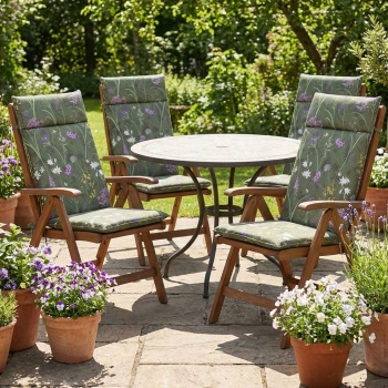 Preview: 4er-Set Luxuriöse Hochlehner-Auflage, Gartenstuhlkissen wasserabweisend, Blumenmuster grün, 120 x 50 cm, weich & komfortabel für optimale Entspannung