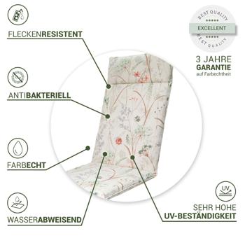 Preview: 2er-Set Luxuriöse Hochlehner-Auflage, Gartenstuhlkissen wasserabweisend, Blumenmuster weiss, 120 x 50 cm, weich & komfortabel für optimale Entspannung