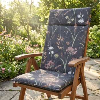 Preview: Luxuriöse Hochlehner-Auflage, Gartenstuhlkissen wasserabweisend, Blumenmuster anthrazit, 120 x 50 cm, weich & komfortabel für optimale Entspannung