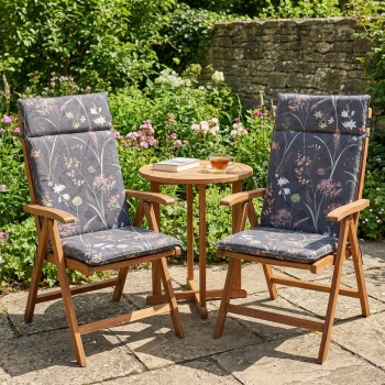 Preview: 2er-Set Luxuriöse Hochlehner-Auflage, Gartenstuhlkissen wasserabweisend, Blumenmuster anthrazit, 120 x 50 cm, weich & komfortabel für optimale Entspannung