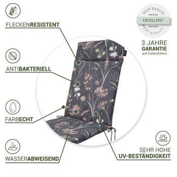 Preview: 4er-Set Luxuriöse Hochlehner-Auflage, Gartenstuhlkissen wasserabweisend, Blumenmuster anthrazit, 120 x 50 cm, weich & komfortabel für optimale Entspannung