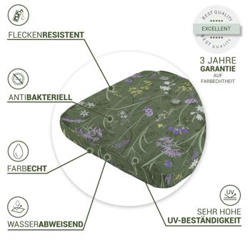 Preview: Bequemes Stuhlkissen Outdoor, Blumenmuster grün, 48 x 48 cm, wetterfestes & wasserabweisend Sitzkissen, stilvoll für Garten, Terrasse & Balkon