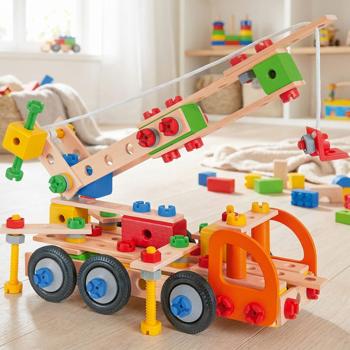 Bauspielzeug 170tlg. 4 Fahrzeug-Modelle: Kranwagen, Jeep, LKW-Kipper, Abschleppwagen zum Selberbauen, FSC 100% - Kreativität, Motorik, Logik & Spass