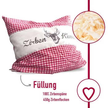 Preview: Zirbenkissen Vichy Rot 40x40 cm, gefüllt mit 450g Natur Zirbenspäne, 100% Bio-Baumwolle Bezug, Aromatherapie Schlafkissen aus Deutschland