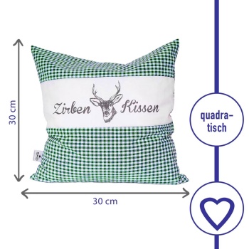 Preview: Zirbenkissen Vichy Grün 30x30 cm, gefüllt mit 350g Natur Zirbenspäne, 100% Bio-Baumwolle Bezug, Aromatherapie Schlafkissen aus Deutschland