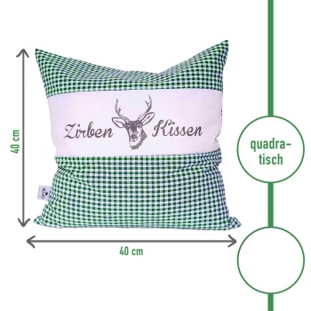 Preview: Zirbenkissen Vichy Grün 40x40 cm, gefüllt mit 450g Natur Zirbenspäne, 100% Bio-Baumwolle Bezug, Aromatherapie Schlafkissen aus Deutschland