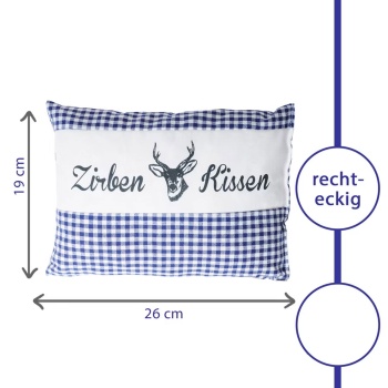 Preview: Zirbenkissen Vichy Blau 26x19 cm, gefüllt mit 220g Natur Zirbenspäne, 100% Bio-Baumwolle Bezug, Aromatherapie Schlafkissen aus Deutschland
