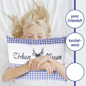 Preview: Zirbenkissen Vichy Blau 26x19 cm, gefüllt mit 220g Natur Zirbenspäne, 100% Bio-Baumwolle Bezug, Aromatherapie Schlafkissen aus Deutschland