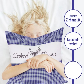 Preview: Zirbenkissen Vichy Blau 30x30 cm, gefüllt mit 350g Natur Zirbenspäne, 100% Bio-Baumwolle Bezug, Aromatherapie Schlafkissen aus Deutschland