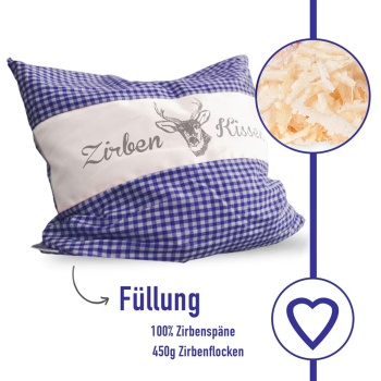 Preview: 2er-Set Zirbenkissen Vichy Blau 40x40 cm, gefüllt mit 450g Natur Zirbenspäne, 100% Bio-Baumwolle Bezug, Aromatherapie Schlafkissen aus Deutschland