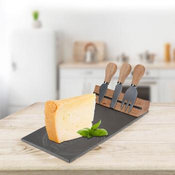 Preview: Schiefer Käsebrett Set mit integrierter Halterung für Käsebesteck - Edle Servierplatte aus Schieferstein für Käse, Snacks & Tapas