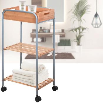 Preview: Praktischer Bad-Trolley: Bambus & Metall, 3 Ebenen, auf Rollen, 30x40x81cm – Abnehmbare Kiste, viel Stauraum & Ordnung im Badezimmer