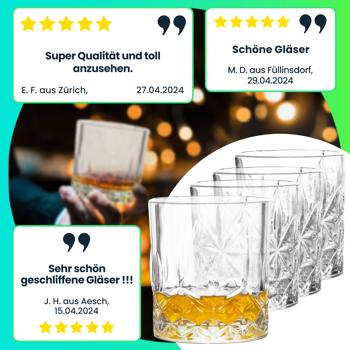 Preview: Whiskygläser 4er-Set - Edles Schliffdesign für Whisky, Sherry & Likör - je 230 ml, 7,5x7,5x8 cm - Stilvolle Hausbar-Erweiterung & Geschenkidee