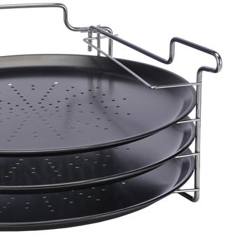 Preview: 4er Pizza Backblech Set: 3 Formen & Ofen-Aufsteller (31x15,8cm) – Backen Sie 3 Pizzen gleichzeitig knusprig & gleichmässig - perfekte Ergebnisse