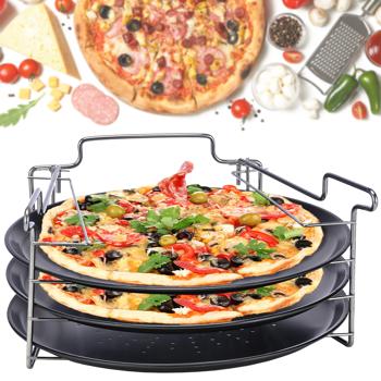 4er Pizza Backblech Set: 3 Formen & Ofen-Aufsteller (31x15,8cm) – Backen Sie 3 Pizzen gleichzeitig knusprig & gleichmässig - perfekte Ergebnisse