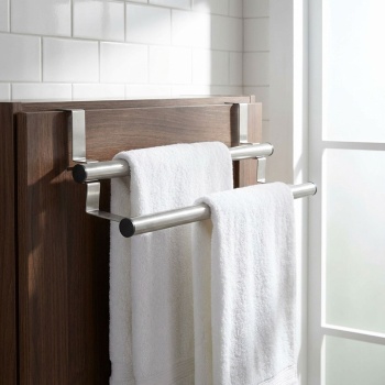 Preview: Handtuchhalter Edelstahl ausziehbar 25-40 cm - An Schranktüren ohne Bohren - Kratzschutz - 2 Stangen für Geschirr-, Hand- & Gästetücher - Küche/Bad