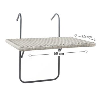 Preview: Balkon-Hängetisch 60x40cm Rattan-Optik aus Korbweide - Platzsparend mobil klappbar - Metallgestell Grau - 3-stufig verstellbar für Brüstung bis 7cm