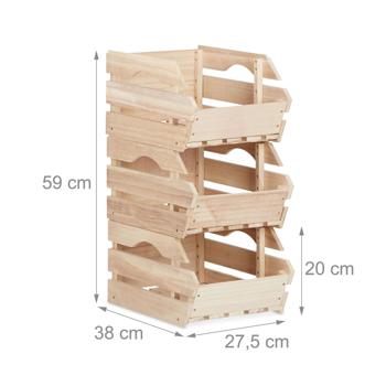 Preview: Stapelbare Holz-Lagerkisten 3er-Set - Natur-Oberfläche, Paulowniaholz, braun - je 20x27,5x38cm - Ideal für Gemüse, Obst, Spielzeug, Werkzeug