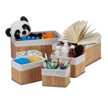 6er Bambus Aufbewahrungskorb Set - 4 Grössen - Stoffbezug, Natur - Stapelbar mit Griffen - Ideal für Wohnzimmer, Bad, Kinderzimmer