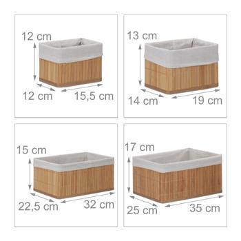 Preview: 6er Bambus Aufbewahrungskorb Set - 4 Grössen - Stoffbezug, Natur - Stapelbar mit Griffen - Ideal für Wohnzimmer, Bad, Kinderzimmer