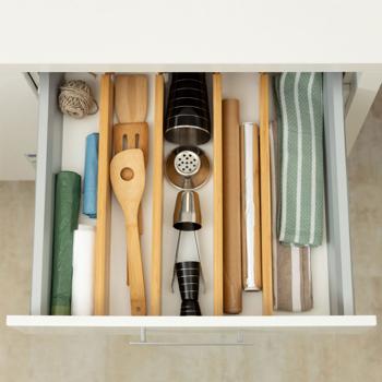Preview: 4er-Set Schubladentrenner Bambus - Schubladeneinteiler mit Spannfedern & Vlies - Flexible Länge - 6x1.5x55cm braun - für Küche, Büro, Bad