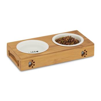 Doppelter Futternapf mit Bambusständer - 2 Keramik-Näpfe - Erhöhte Futterstation, ergonomisch & hygienisch für Hunde & Katzen - 5,5x29,5x14cm