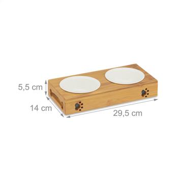Preview: Doppelter Futternapf mit Bambusständer - 2 Keramik-Näpfe - Erhöhte Futterstation, ergonomisch & hygienisch für Hunde & Katzen - 5,5x29,5x14cm