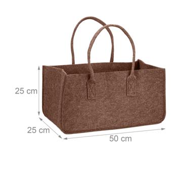 Preview: Kaminholztasche Filz Braun - 2 Tragegriffe, schonend zu Böden, 27l Volumen - 25x25x50cm für Brennholz, Deko, Einkauf, Spielzeug