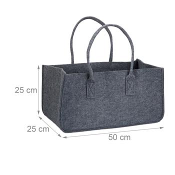 Preview: Kaminholztasche Filz anthrazit – Robuster Brennholz-Tragekorb mit 2 Griffen für Kamin- & Ofenholz – 25x25x50cm - schonend zu Böden - vielseitig nutzbar