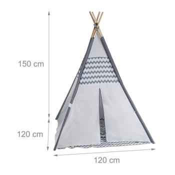 Preview: Kinder-Spielzelt Tipi-Design - Gemütliches Rückzugszelt für Jungen & Mädchen - Polyester & Holz, grau-weiss, 150x120x120cm - Ideal für Innen & Garten