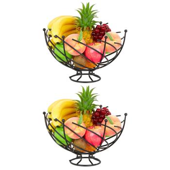 Preview: 2er-Set Obstkörbe aus Eisen - Dekorative Obstschalen mit Luftzirkulation für optimale Reifung - Schwarz, je 20,5x33,5 cm - Hingucker für Küche & Esstisch