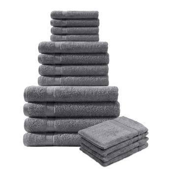 16-teiliges Frottee Handtuch-Set - Anthrazit - Flauschig weich, saugstark, 100% Baumwolle, 500 g/m² - 4 Gäste-, 4 Hand-, 4 Bade-, 4 Waschlappen