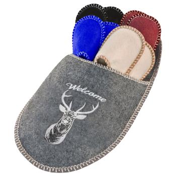 Preview: Gästefinken-Set 5 Paar Hausschuhe Welcome Hirsch - Diverse Farben Grau/Beige/Rot/Blau/Schwarz - Grössen 37-45 - Wiederverwendbar & Platzsparend