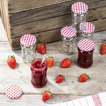 Preview: 6er-Set Einmachgläser mit Schraubdeckel, Sturzgläser mit Karo-Muster, je 315 ml