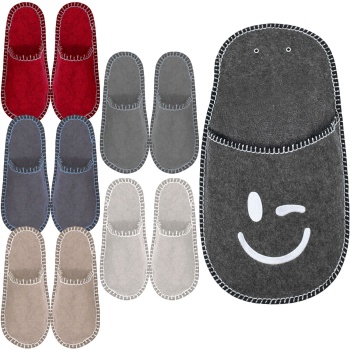 Originelles Gästefinken-Set – 5 Paar bequeme Hausschuhe mit Smiley-Aufdruck, in diversen Farben, weich, rutschfest & hygienisch für Besucher & Gäste