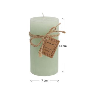 Preview: Gefrostete Stumpenkerze Türkis - Dekorative Wachskerze in Säulenform für behagliches Ambiente - 7x13x7 cm - Mit Geschenkschleife