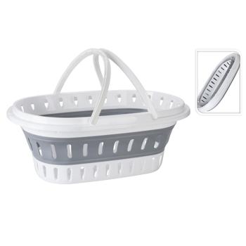 Preview: Platzsparender Falt-Wäschekorb, weiss-grau – Stabiler Kunststoff, Lochstruktur & Tragegriffe – Praktischer Wäschekorb für Zuhause