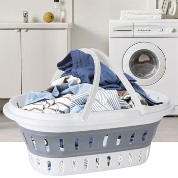Platzsparender Falt-Wäschekorb, weiss-grau – Stabiler Kunststoff, Lochstruktur & Tragegriffe – Praktischer Wäschekorb für Zuhause