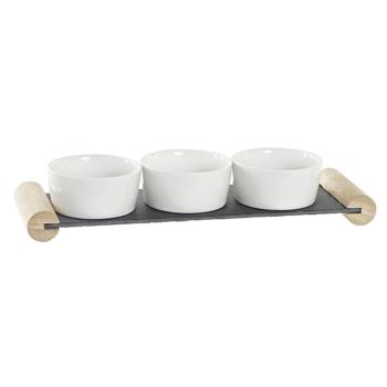 Tapas Set Holz-Keramik-Schiefer - 3 Saucenschälchen auf Servierbrett mit Holzfüssen - Vorspeisenteller für Apéro, Frühstück & Partys - Robust, leicht zu reinigen