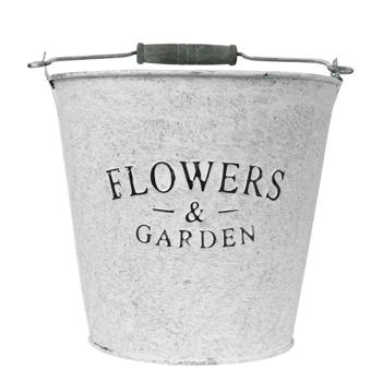 Preview: Zinkeimer mit Aufschrift Flowers and Garden - Deko Eimer mit Henkel für Pflanzen & Lagerung - Metall Verzinkt, 16.5x15x16.5 cm - Shabby Chic