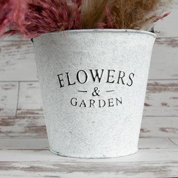 Preview: Zinkeimer mit Aufschrift Flowers and Garden - Deko Eimer mit Henkel für Pflanzen & Lagerung - Metall Verzinkt, 16.5x15x16.5 cm - Shabby Chic