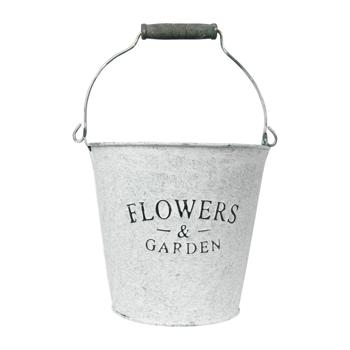Zinkeimer mit Aufschrift Flowers and Garden - Deko Eimer mit Henkel für Pflanzen & Lagerung - Metall Verzinkt, 16.5x15x16.5 cm - Shabby Chic