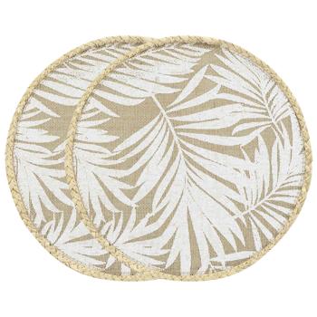 Tischsets rund Blattmuster 2er-Set - Platzdeckchen aus Jute braun/weiss - Ø 38 cm - strapazierfähig-langlebig-pflegeleicht - für Ess- & Couchtische